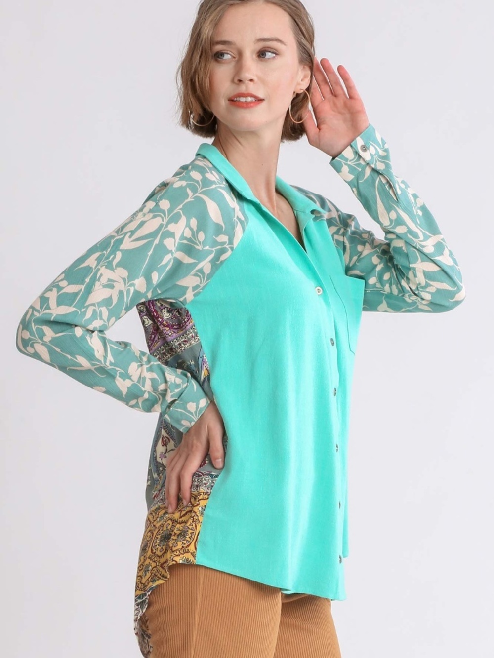 Umgee NWT Linen Blend Mixed Print Button Down Top Boho Collared Shirt
